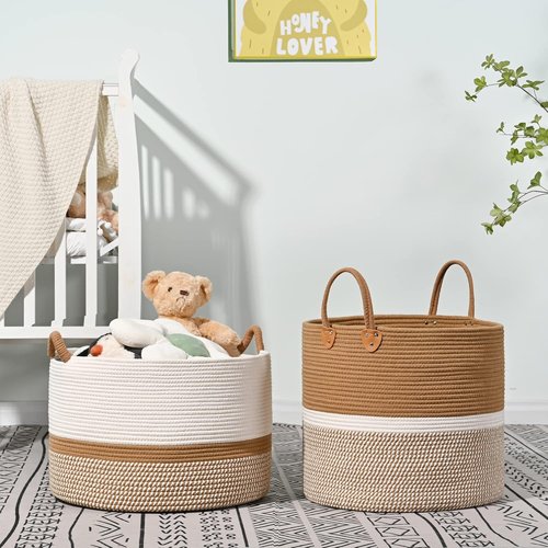 KAKAMAY Large Woven Blanket Basket - Cotton Rope Storage Hamper for Baby Toys & Laundry | White/Brown