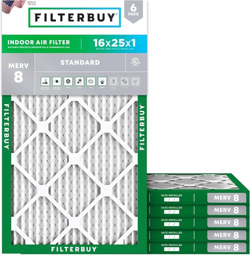 Filterbuy 16x25x1 Air Filter - MERV 8 Dust & Allergy Defense (6-Pack) | Electrostatic Pleated HVAC Filters