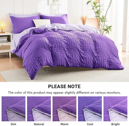 HYMOKEGE King Size Comforter Set - Dark Purple & Lavender Seersucker | 7-Piece All-Season Luxury Bedding Set