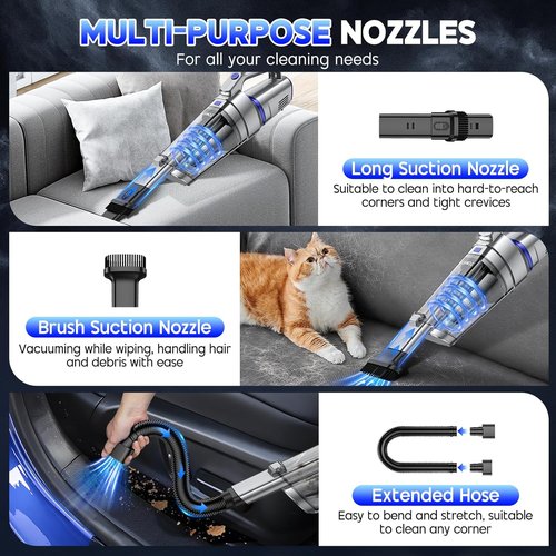 JONYJ Cordless Handheld Vacuum - 16000PA Strong Suction | Portable Rechargeable with Multi-Nozzles & LED Light