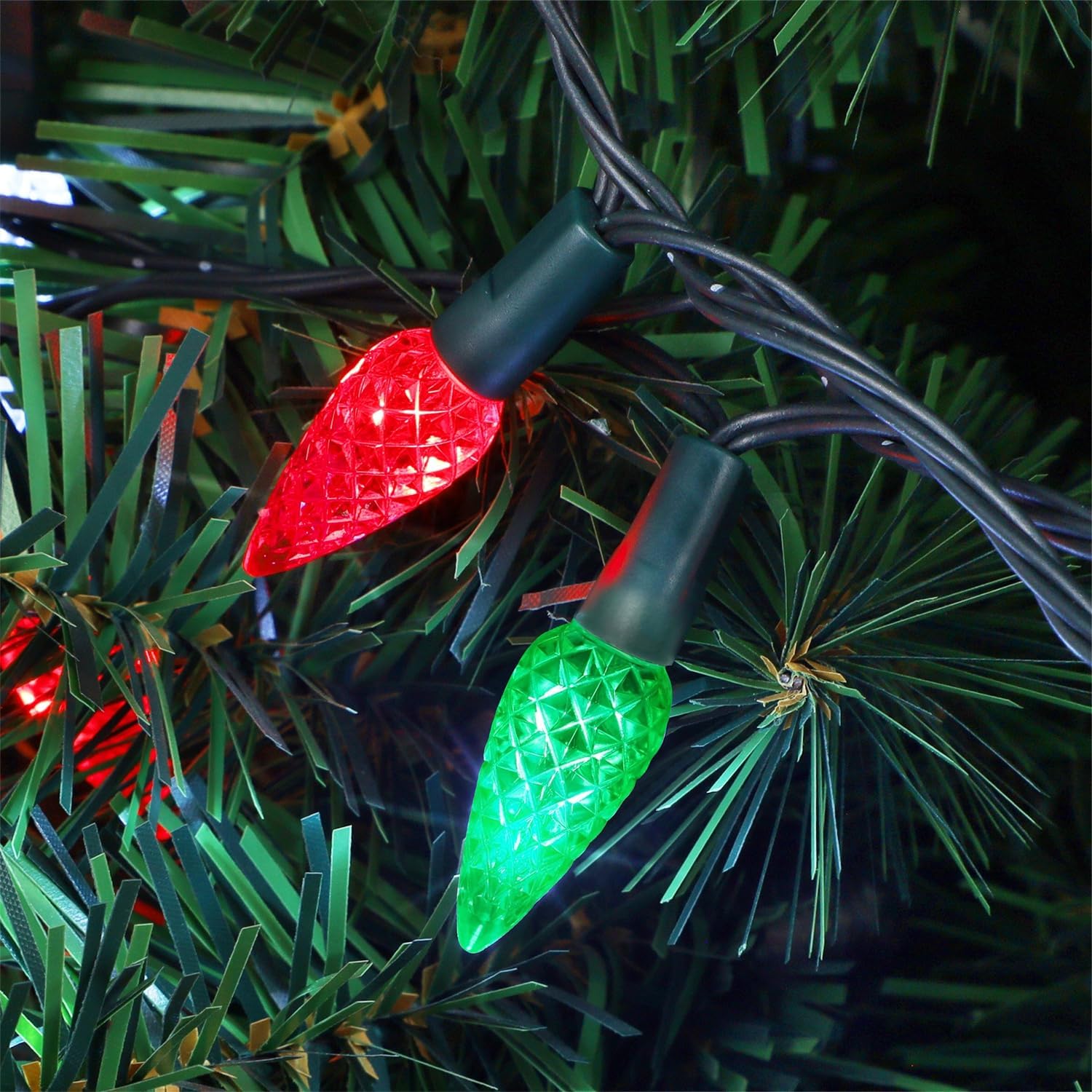 Waterglide C6 Christmas Lights - 33ft 100 LED Faceted String Lights | Waterproof Indoor/Outdoor Decor, Red & Green