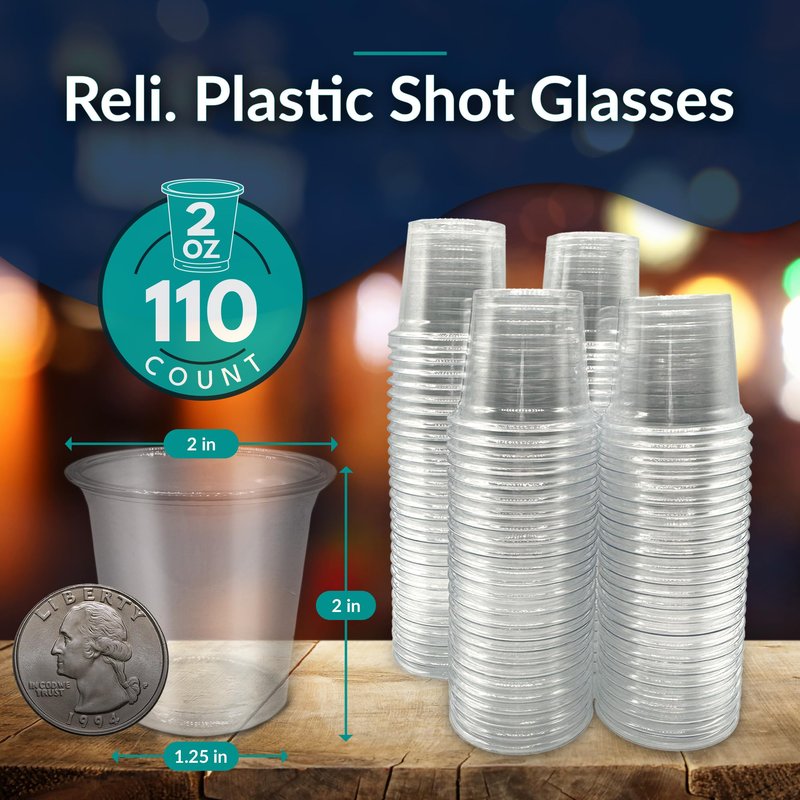 Reli. (110 Count 2 oz Plastic Shot Glasses Disposable | Clear Jello Shot Cups | Mini Plastic Cups for Party, Sauces, Samples | BPA Free, Shatterproof, 1oz Mini Glasses Disposable