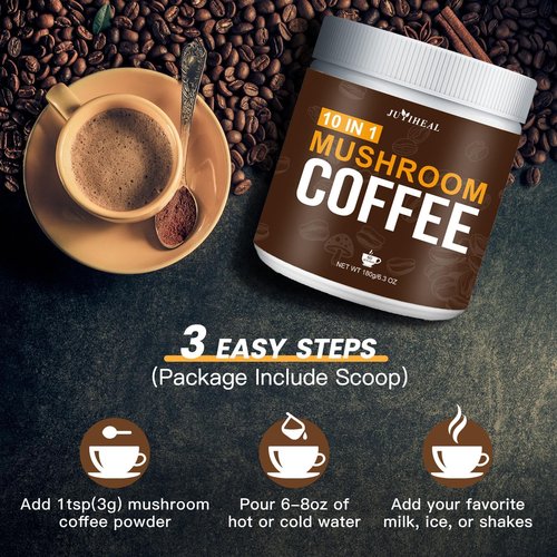 JUYIHEAL Mushroom Coffee, 10 in1 Mushroom Powder Coffee with Lions Mane, Chaga, Reishi, Cordyceps, Maitake, Shiitake, and Turkey Tail for Energy, Focus, Immune Support, 180g