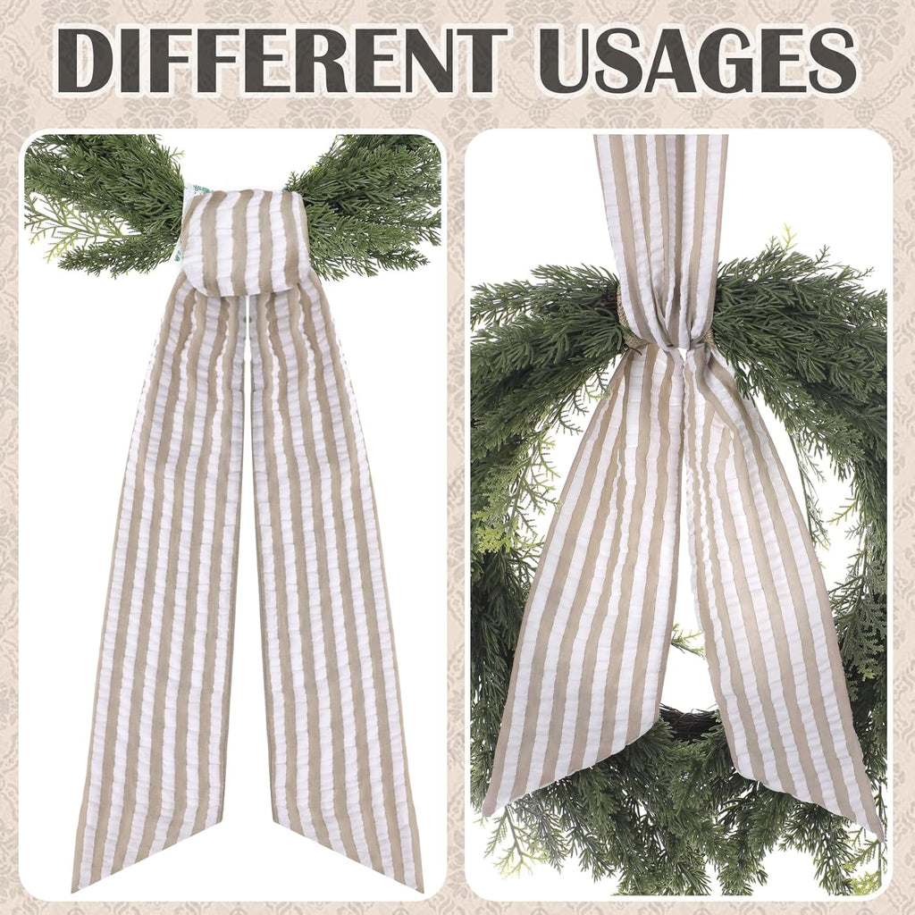 Skiennix Brown Wreath Sash - 2 Pcs Rustic Seersucker for Embroidery Monogram Home Decor | 60 Inch Boho Stripe