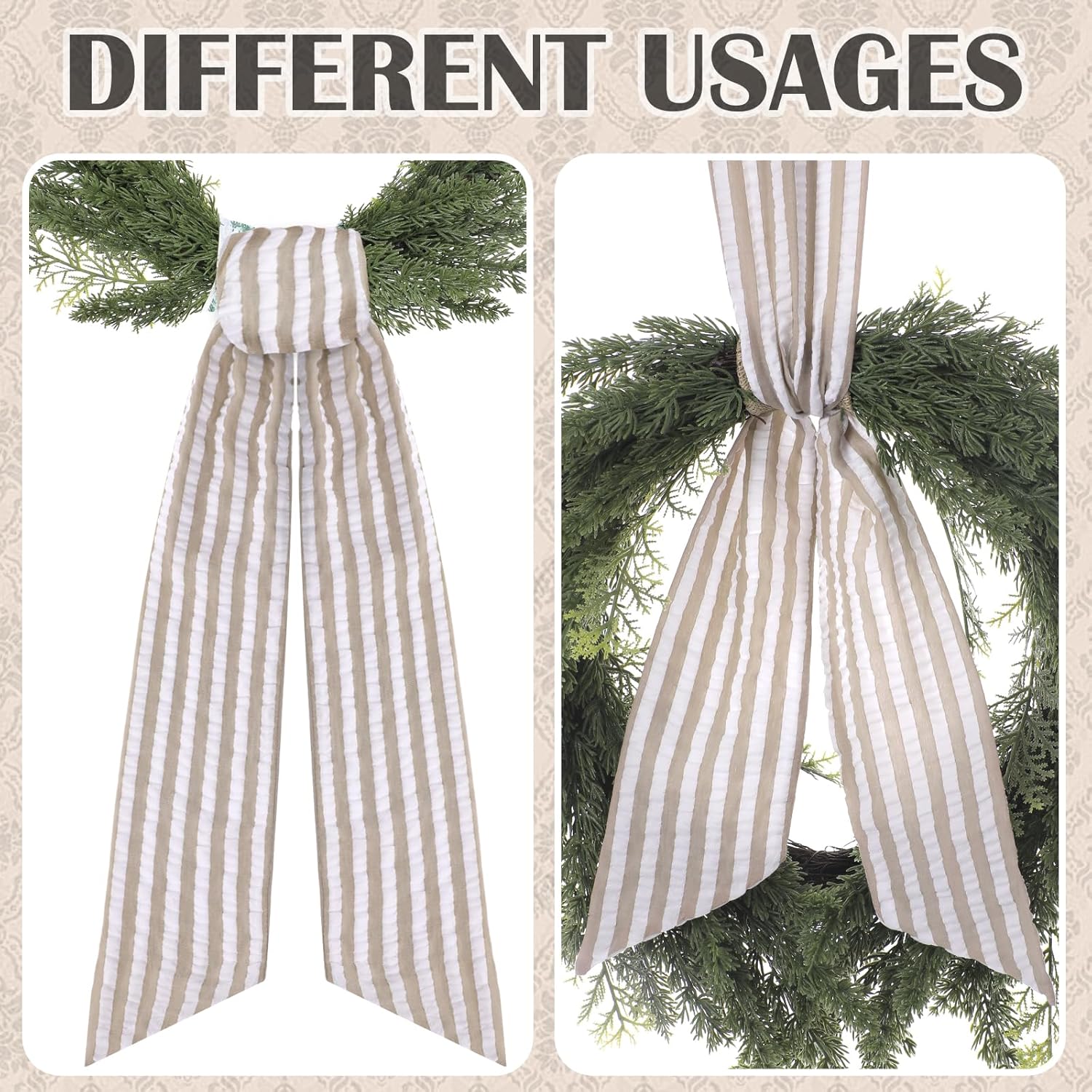 Skiennix Brown Wreath Sash - 2 Pcs Rustic Seersucker for Embroidery Monogram Home Decor | 60 Inch Boho Stripe