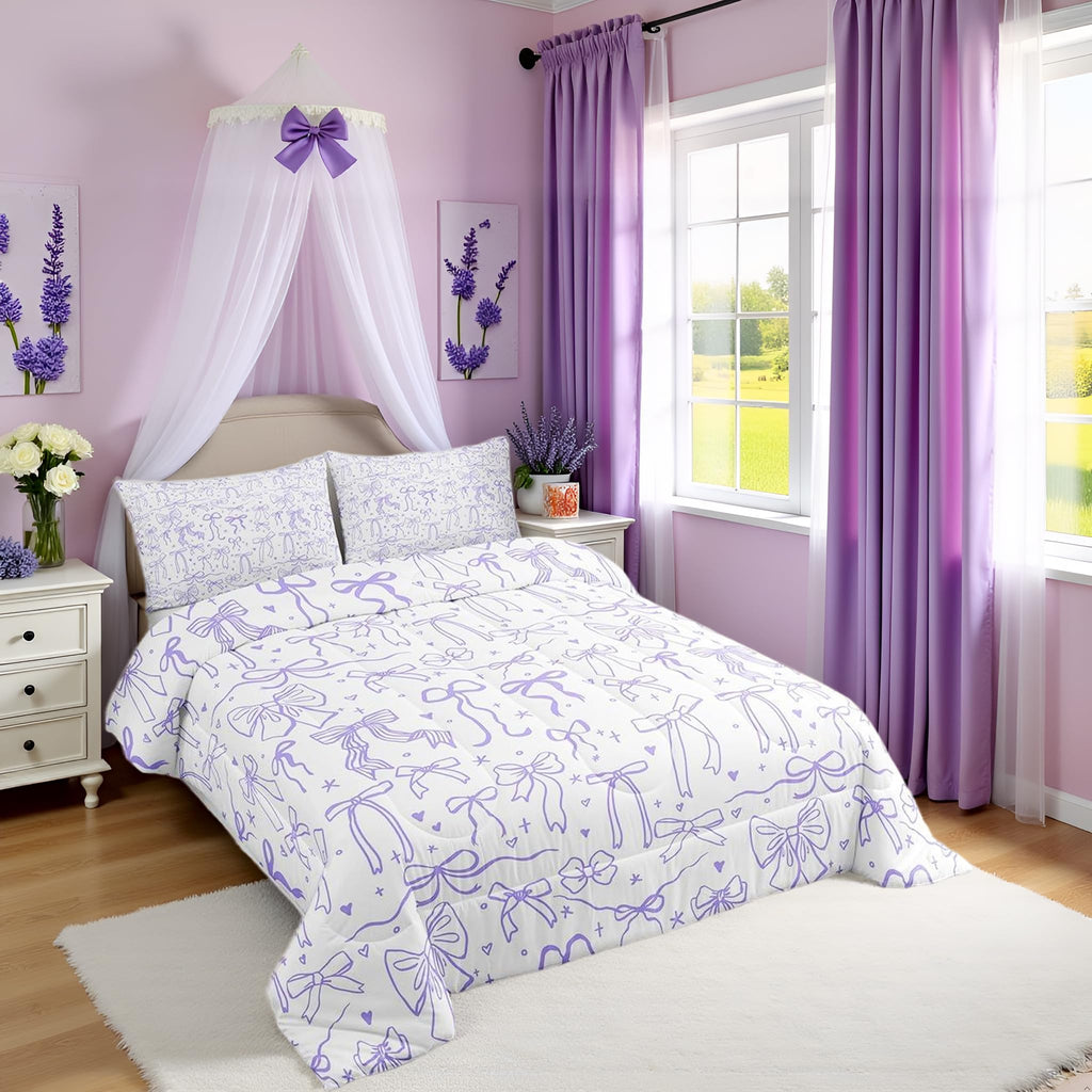 Purple Bowknots Comforter Set Full Size,Cartoon Hand Drawn Stars Love Bow Bedding Set,Kawaii Princess Style Quilt Set for Kids Girls Women Teens Room Decor,Romantic Duvet Insert,2 Pillowcases