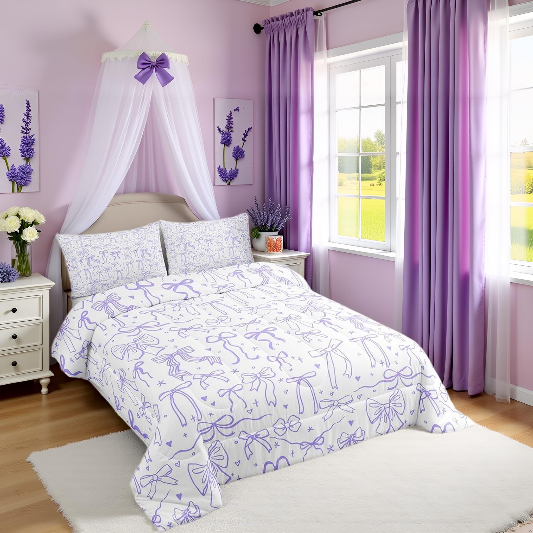 Purple Bowknots Comforter Set Full Size,Cartoon Hand Drawn Stars Love Bow Bedding Set,Kawaii Princess Style Quilt Set for Kids Girls Women Teens Room Decor,Romantic Duvet Insert,2 Pillowcases