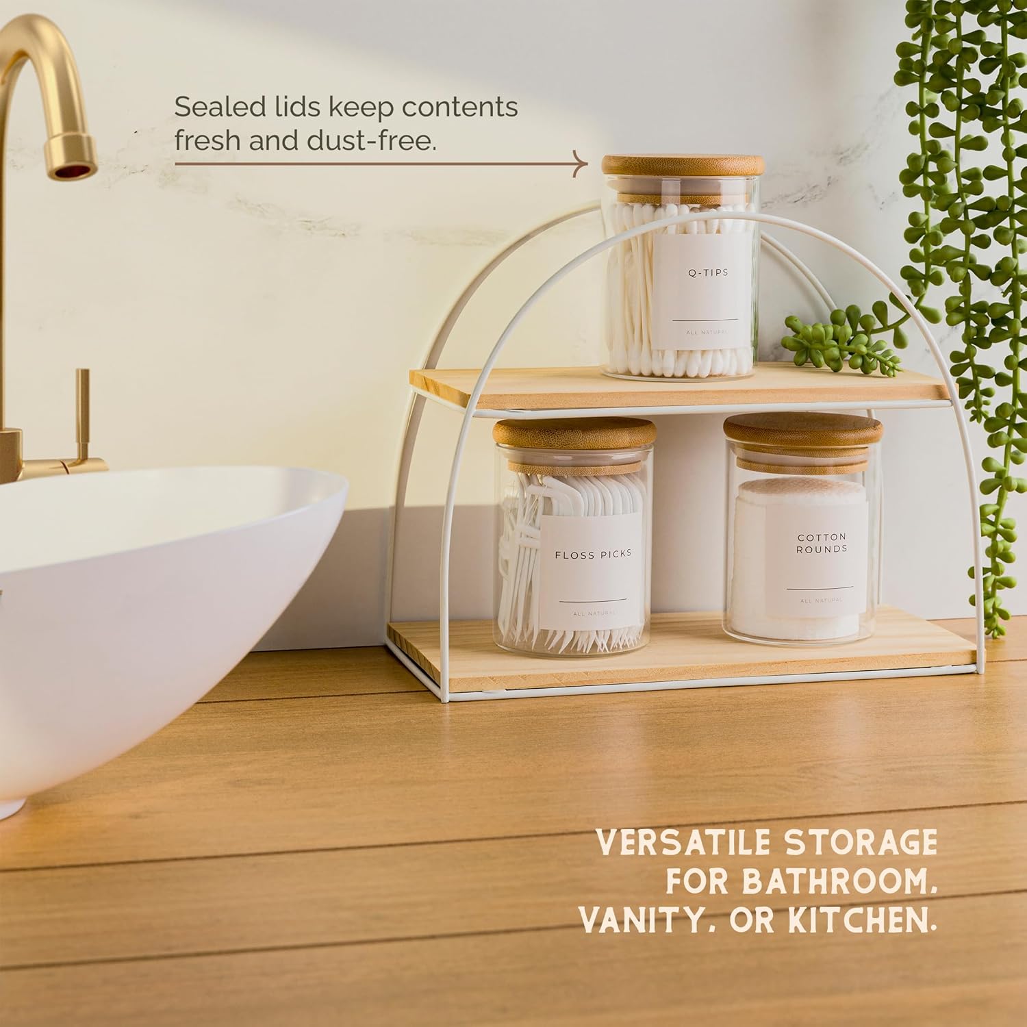 Vase and Vessel Mini Glass Apothecary Jars - Bamboo Lids for Stylish Storage | Set of 3, 10 oz