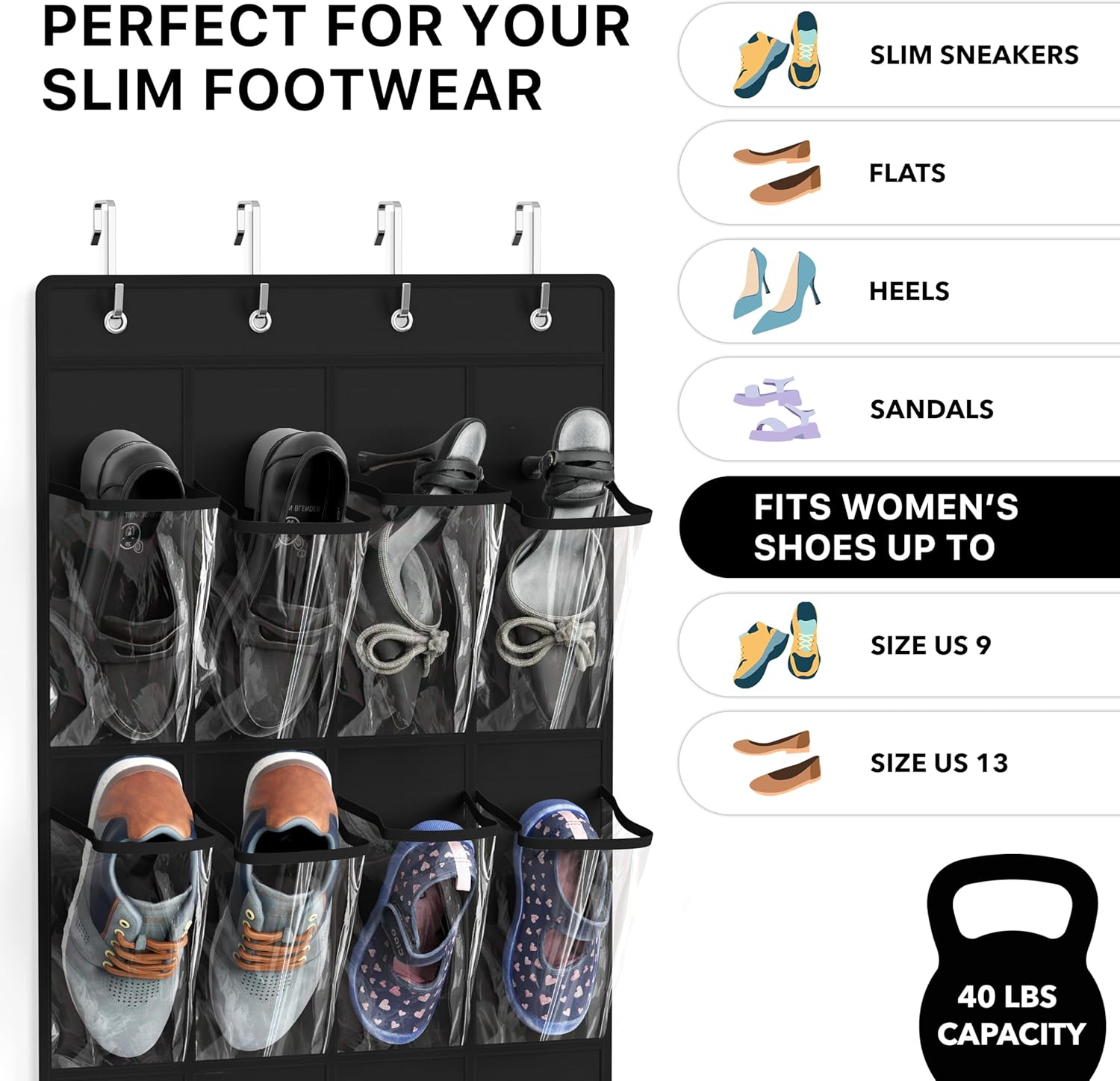 Simple Houseware 24 Pockets - Over The Door Hanging Shoe Organizer | Crystal Clear, Black (64'' x 19'')