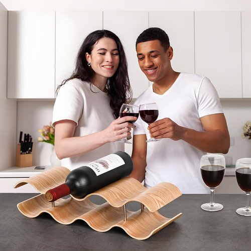 TRUDING Countertop Wine Rack - 7 Bottle Freestanding Wine Bottle Holder Stand - 2 Tier Wooden Wine Storage Rack - Wavy Wine Organizer for Cabinet Pantry Home Kitchen Bar