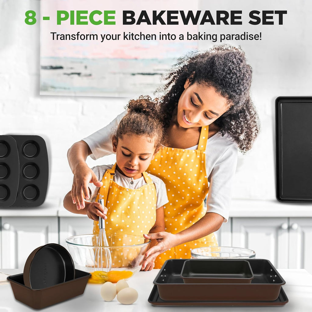 NutriChef 8-Piece Nonstick Bakeware Set - Non-Toxic Carbon Steel Trays with Cookie Sheet, Muffin, Loaf, Cake, Round & Square Pans - Easy to Clean & Oven Safe - Brown