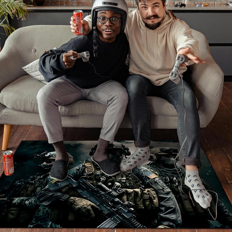 Shooting Game Rug Teen Boys Carpet with Battle Games Element Decoration Mat, War Game Rugs for Boy’s Bedroom Living Room Playroom, Non-Slip Children Gaming Area Rugs (Threesome, 60" x 40")