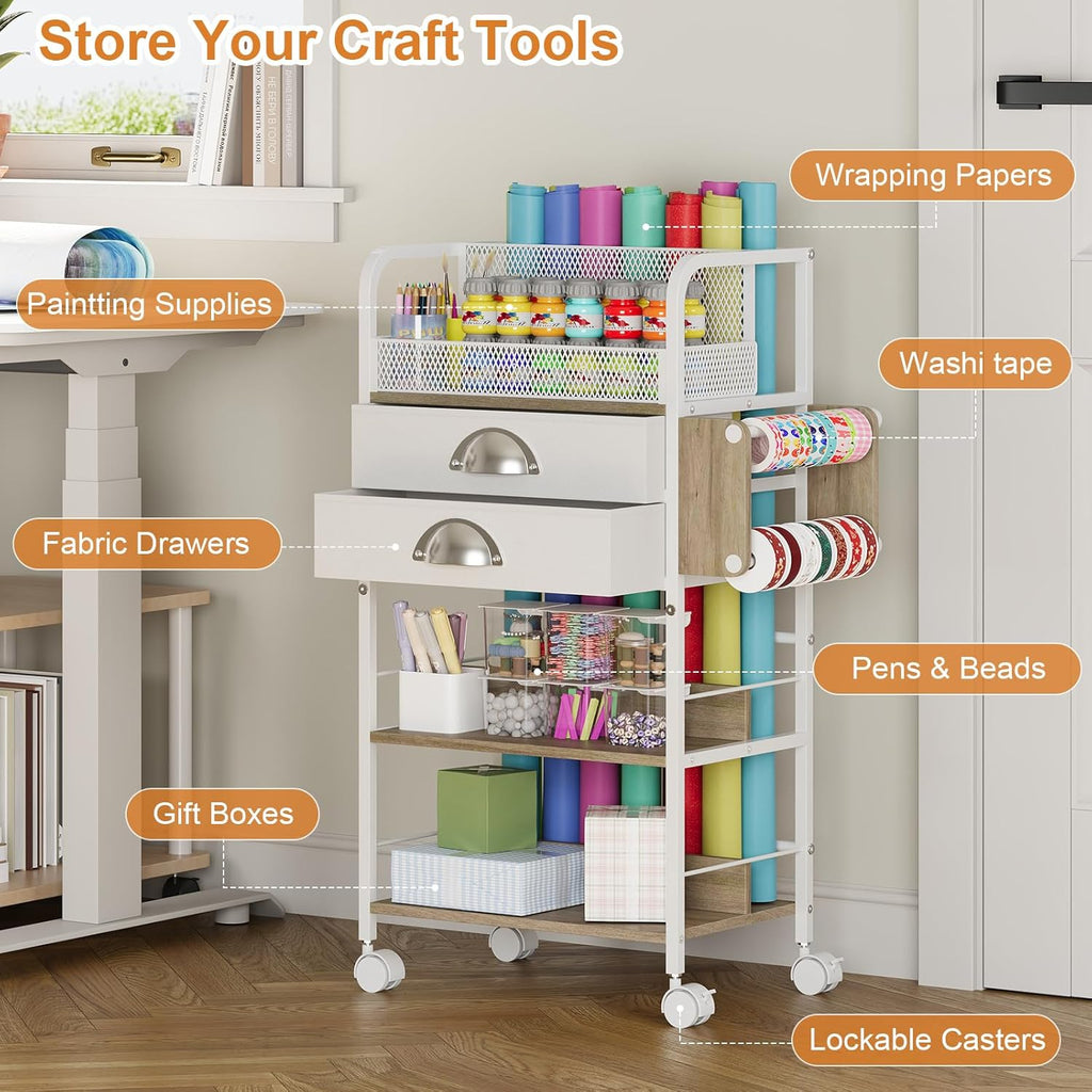 Rolling Craft Storage Cart - Multi-Tier Organizer with Lockable Wheels & 2 Fabric Drawers | 16.54x11.4x32.68 Inches