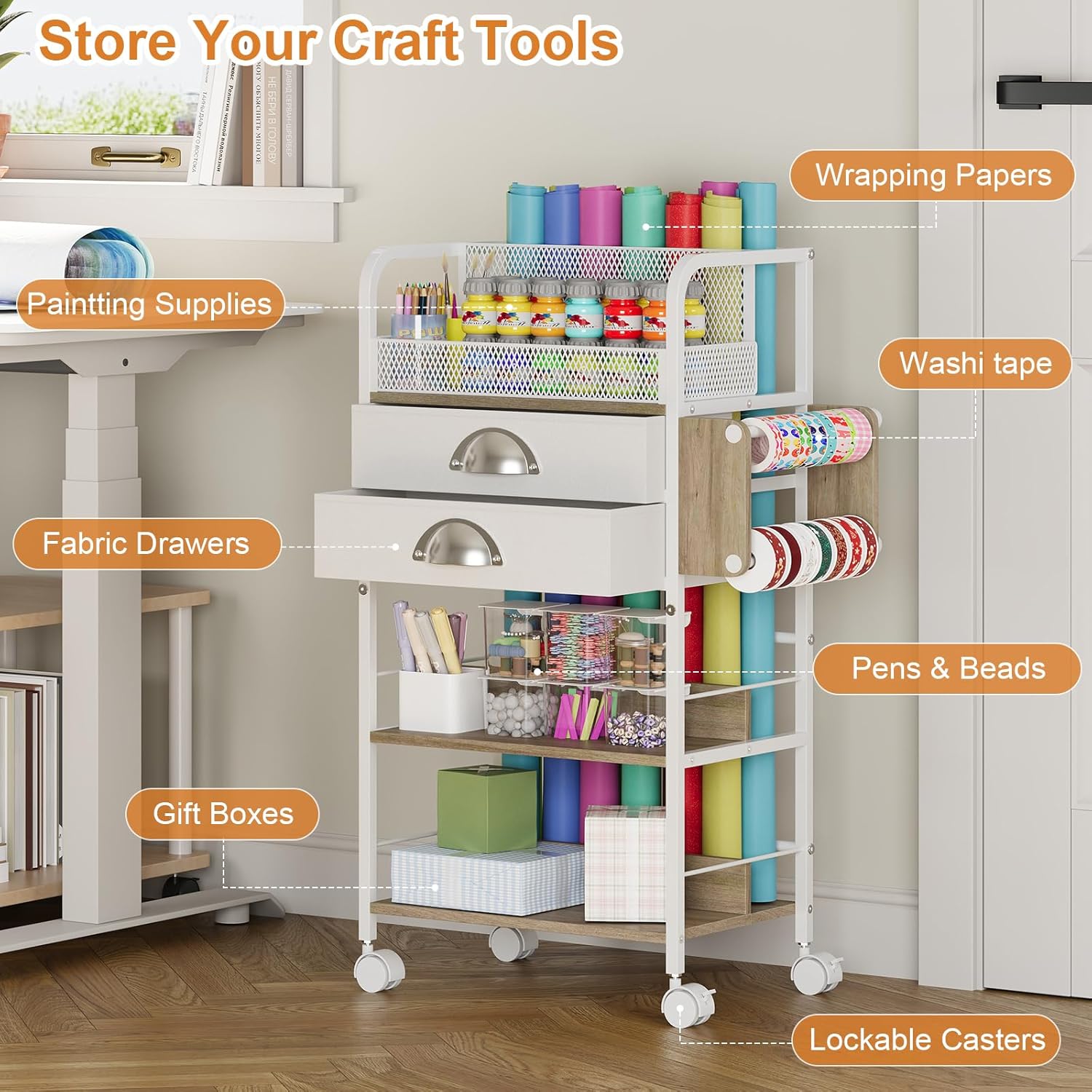 Rolling Craft Storage Cart - Multi-Tier Organizer with Lockable Wheels & 2 Fabric Drawers | 16.54x11.4x32.68 Inches
