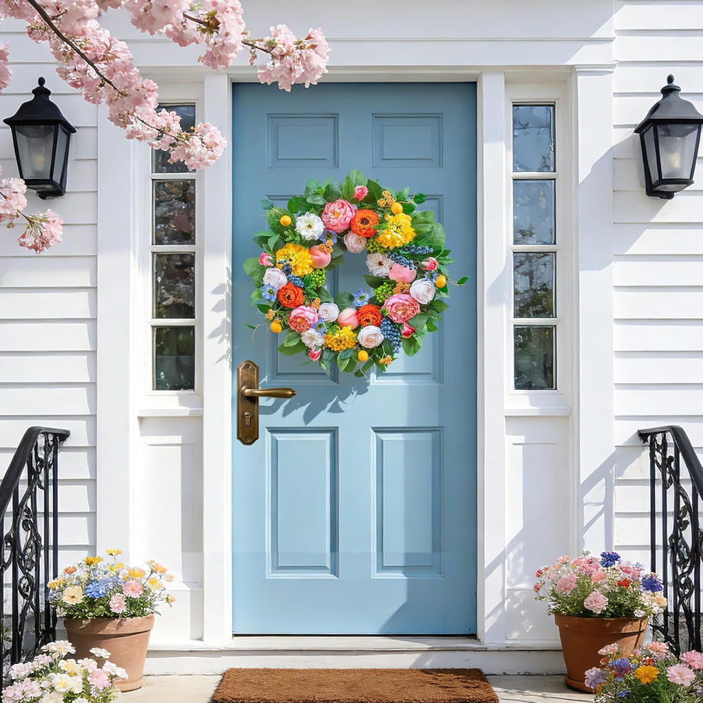 Pinkpuii 24-Inch Spring Wreath - Vibrant Peonies, Roses & Realistic Fruit Accents for Front Door Decor
