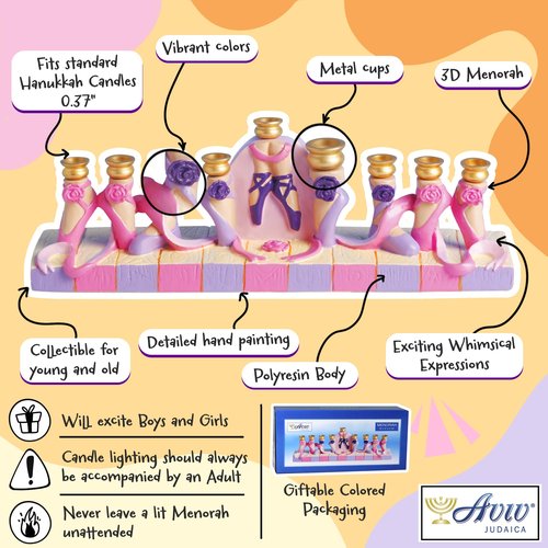 Aviv Judaica Hanukkah Dancing Ballet Menorah 3D Menorah Candle Holder for Girls Ballerina Hanukkiah Fits Standard Chanukah Candles Cute Girl Ballet Shoes Minorah