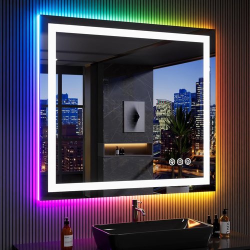LOAAO LED Bathroom Mirror - 40" x 36" Dimmable, Anti-Fog, RGB Backlit & Front Lighted, Waterproof Glass