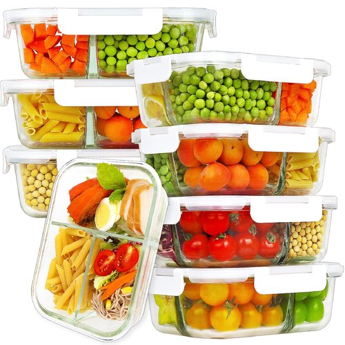 HOMBERKING 8 Pack Glass Meal Prep Containers 3 Compartment, 36oz Glass Food Storage Containers with Lids, Airtight Lunch Bento Boxes, Leak Proof (8 lids & 8 Container) - Light White