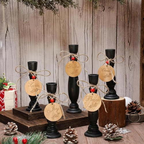 Cinnvoice Christmas Candle Holders Set - Rustic Wood Table Centerpiece | 8.26'' & 7'' with Peace, Love, Hope, Joy Tags