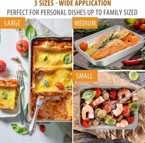 E-far Stainless Steel Baking Pans Set - 3 Rectangle Bakeware Sizes (12.5/10.5/9.4 Inch) | Non-Toxic & Dishwasher Safe