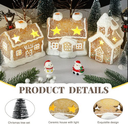 GlikCeil 17-Piece LED Christmas Gingerbread Village Set - Ceramic Houses, Birch & Pine Trees, Streetlight Decor