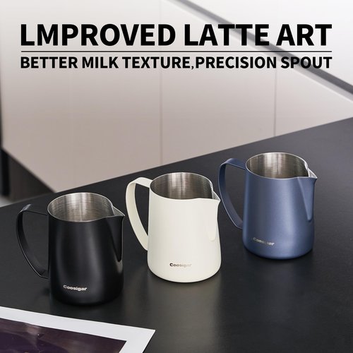 Coosigar Milk Frothing Pitcher 450ml/15oz,304 Stainless steel Espresso Steaming Pitcher,milk frother cup,Milk Jug Cup,Latte Art(cream white)