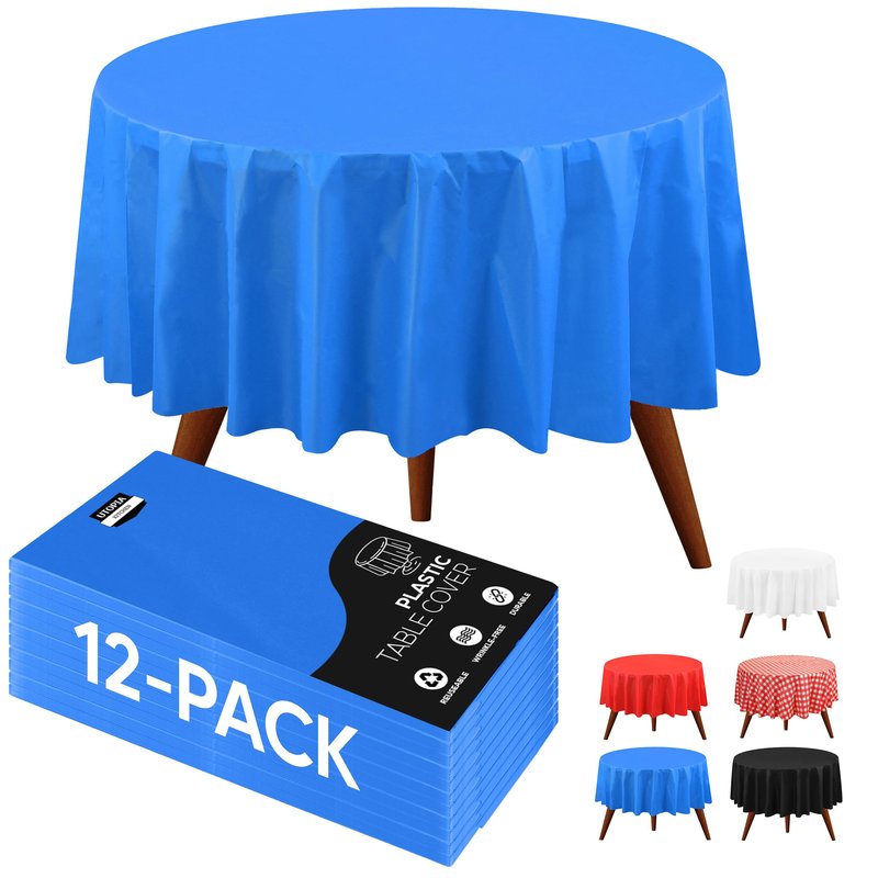 Utopia Kitchen Plastic Table Cloth Disposable (12 Pack - 84 Inch) Blue Round Tablecloth Waterproof Stain Resistant Party Table Cover