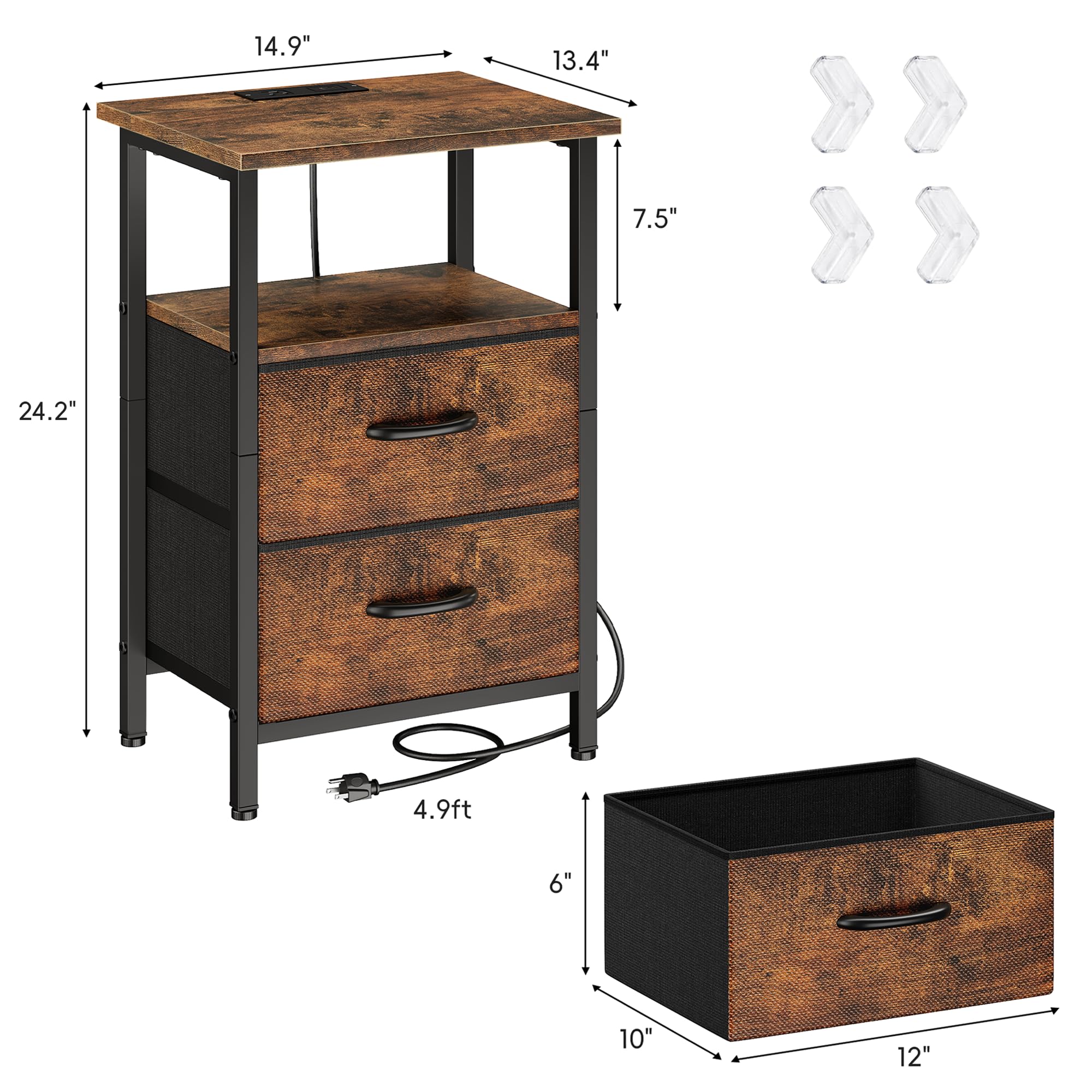 Vagusicc Night Stand Bedside Table Bedroom, LED Nightstand with Charging Station, End Table with USB Ports & Outlets, 24.2" Tall Bed Side Table with 2 Fabric Drawers and Storage Shelf, Rustic Brown