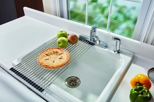 Farberware Space Saving Roll Up Over The Sink Dish Drying Mat with Rust Resistant Stainless Steel Wires with Non Slip BPA Free Food Safe Caps, Large, Silver/Black