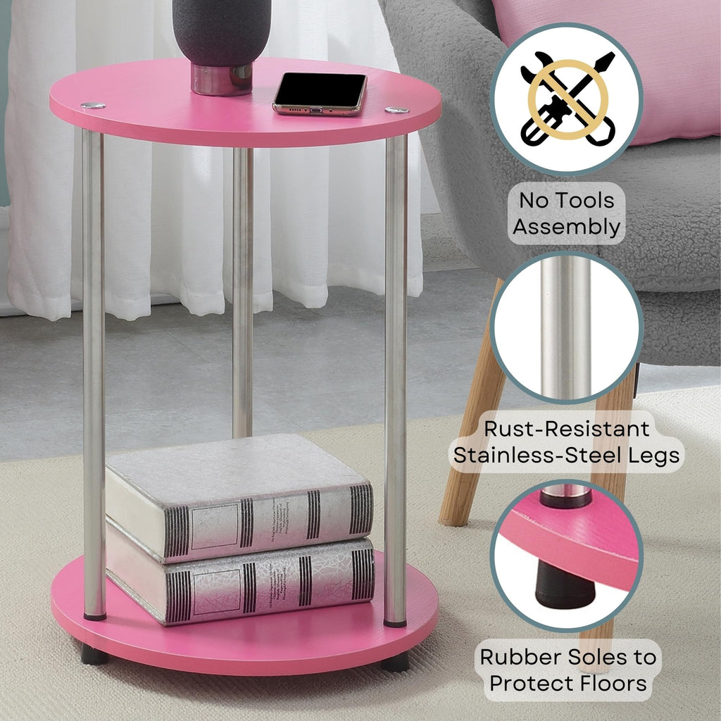 Convenience Concepts Designs2Go No Tools 2 Tier Round End Table 15.75" - Contemporary Modern Side Table with Storage Shelf for Family Room, Office, Den, Pink