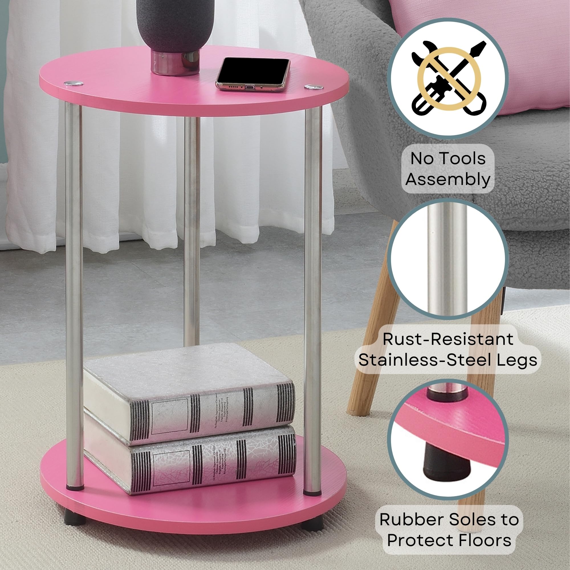 Convenience Concepts Designs2Go No Tools 2 Tier Round End Table 15.75" - Contemporary Modern Side Table with Storage Shelf for Family Room, Office, Den, Pink