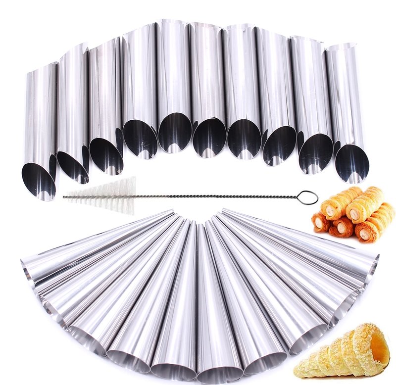 Stainless Steel Cream Horn Molds - 21 Pcs, Cannoli Form Tubes, Croissant Baking Molds with Cleaning Brush