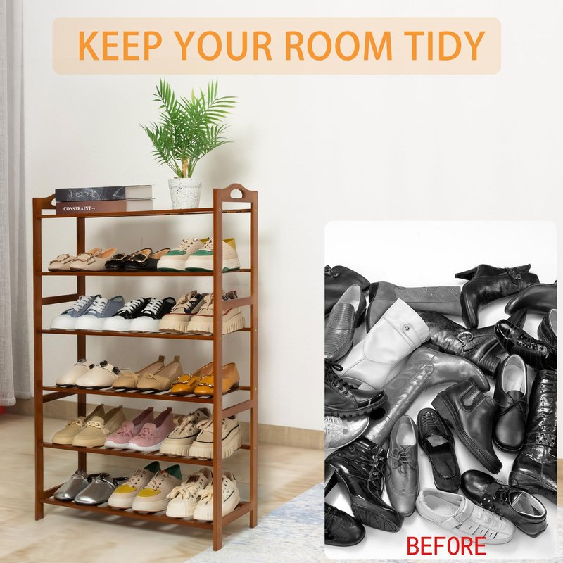 RKK Shoe Rack for Front Foor Entrance, Bamboo Shoe Rack for Closet Shoe Organizer Closet Organizers and Storage Shelves (Brown, 6 Tier)