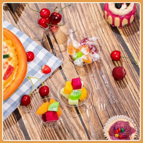 Tessco 400 Pcs Mini Dessert Plates Set 200 Clear Disposable Mini Appetizer Plates Plastic Tray 100 small Appetizer Forks 100 Tasting Spoons for Wedding Birthday Party(Oval, Flower Style)