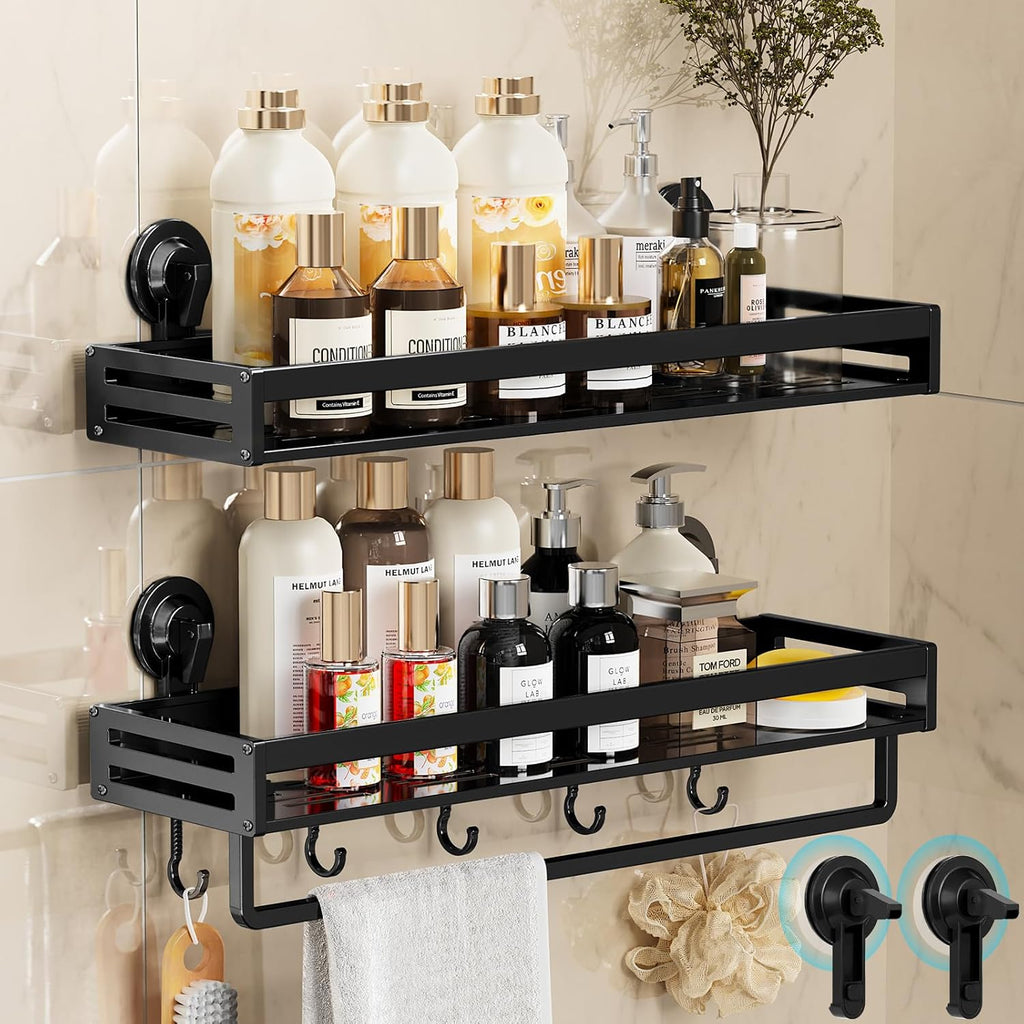 Skiennix Shower Caddy - 15.7 Inch Suction Cup Bathroom Organizer | Rustproof Black Shelf with Hooks & 2 Extra Suction Cups
