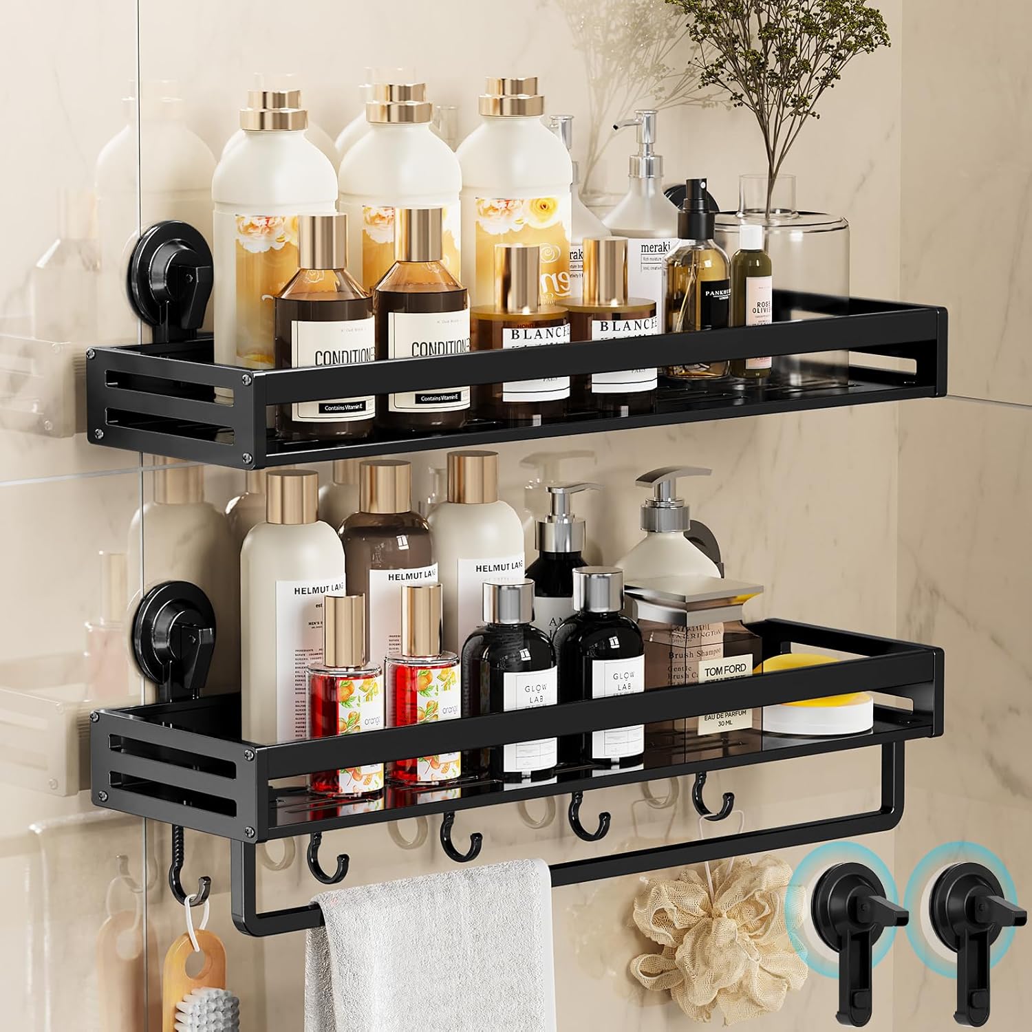 Skiennix Shower Caddy - 15.7 Inch Suction Cup Bathroom Organizer | Rustproof Black Shelf with Hooks & 2 Extra Suction Cups