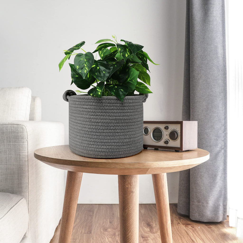 ABenkle Small Woven Basket, Cotton Rope Shelf Storage Basket, Small Round Basket, Cute Basket, Decorative Round Bin for Nursery Bedroom Bathroom, 9.4" x 9.4"x 7.1" Empty Gift Basket- Grey