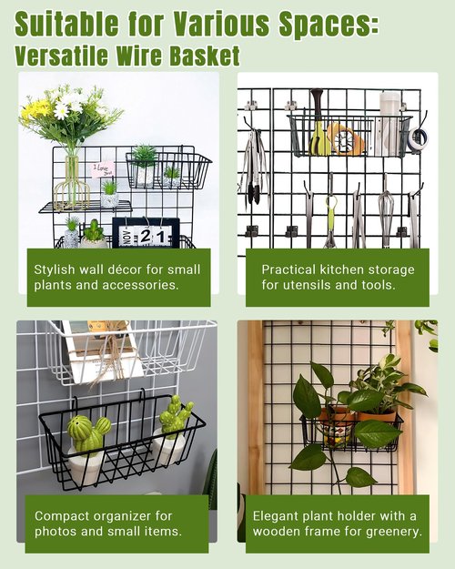 SEMPOMA 10 PCS Black Wire Baskets, No Drilling, Hanging Wire Basket for Wall Grid Panel Organizing, Grid Wall Accessory