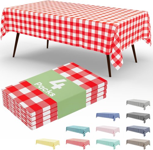 Misaya Disposable Tablecloths - 4 Packs of Waterproof Red & White Checkered 54 x 108 Inch Rectangles for Parties & Picnics