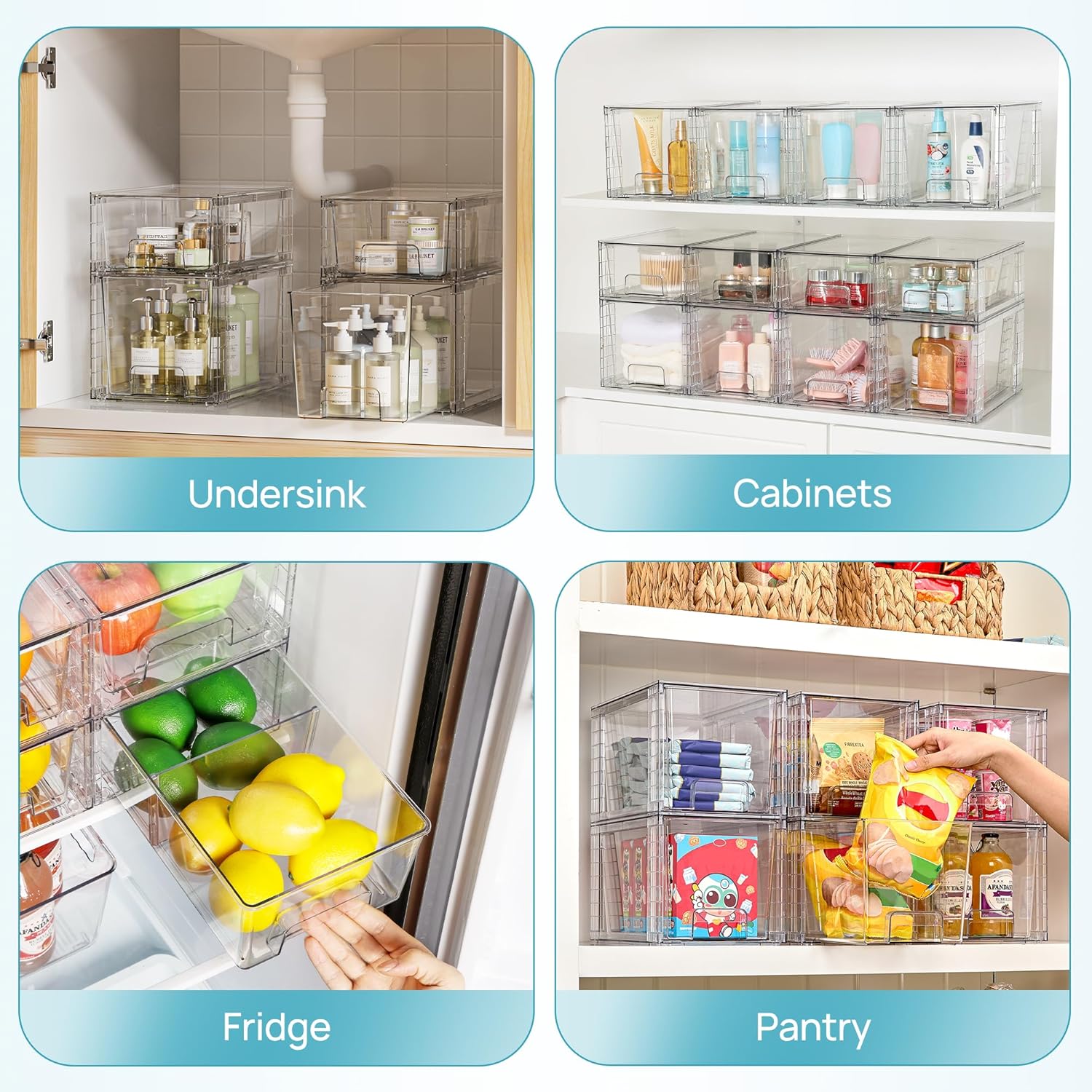 Vtopmart Clear Stackable Storage Drawers - Easy Assembly Organizers for Kitchen & Bathroom | 4 Pack