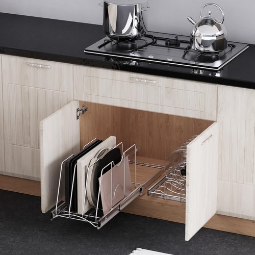 STORKING Pull Out Cookie Sheet Organizer for Cabinet, Pan and Pot Rack, Cutting Board Organizer Rack, Baking Tray Organizer for Cabinet, Adjustable Divider Width, 11" W x 22" D x 11.8" H, Chrome