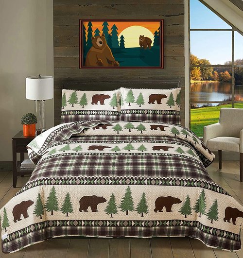 Lodge Quilts Set King Size, 3Pcs Rustic Cabin Brown Bear Bedding Green Pine Tree Bedspread Coverlet Lightweight Soft Reversible Plaid Stripe Bed Cover Set Country Decor for All Season(96"x 108")