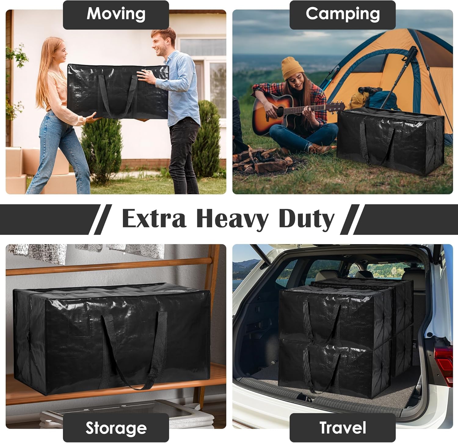 Skiennix Extra Large Heavy Duty Moving Bags - Reinforced Zipper & Wide Handles | Moisture-Resistant Storage Bins for Clothes, Travel & Home Organization - Black (6 Pack)
