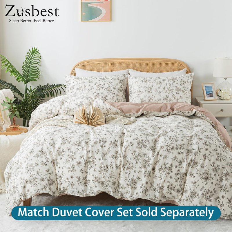 Zusbest California King Tan Floral Sheets 100% Cotton Beige Patterned Bed Sheet Set Vintage Peony Flower Toile Printed Bedding Soft Breathable Crisp Percale Sheets Deep Pocket 17.5'', 4 Pcs