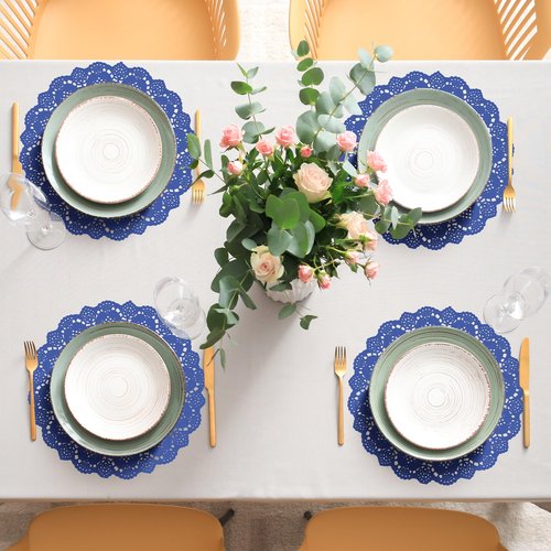 MCEAST 100 Pack Round Blue Paper Doilies 13.5 Inches Lace Place Mats Rustic Scallop Doily Disposable Paper Table Pads for Food Cakes Crafts Party Weddings Tableware Decor