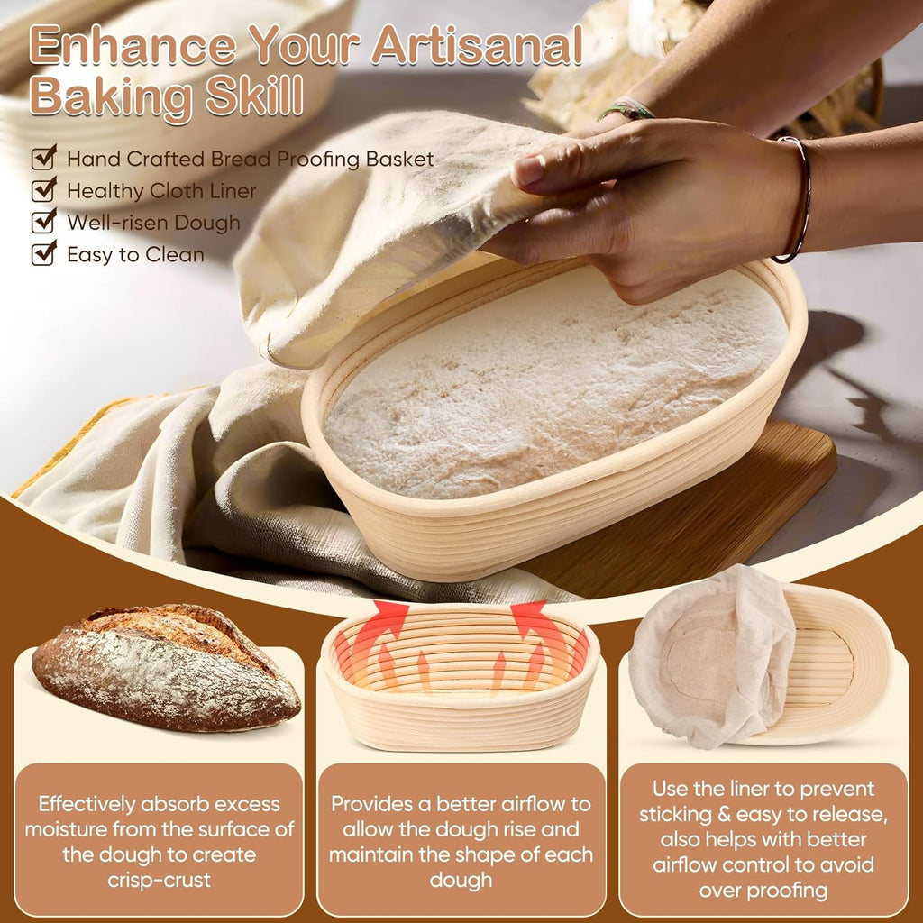 TeamFar Sourdough Bread Proofing Basket Set - 10 Inch Oval Baking Supplies with Liner for Dough Fermentation