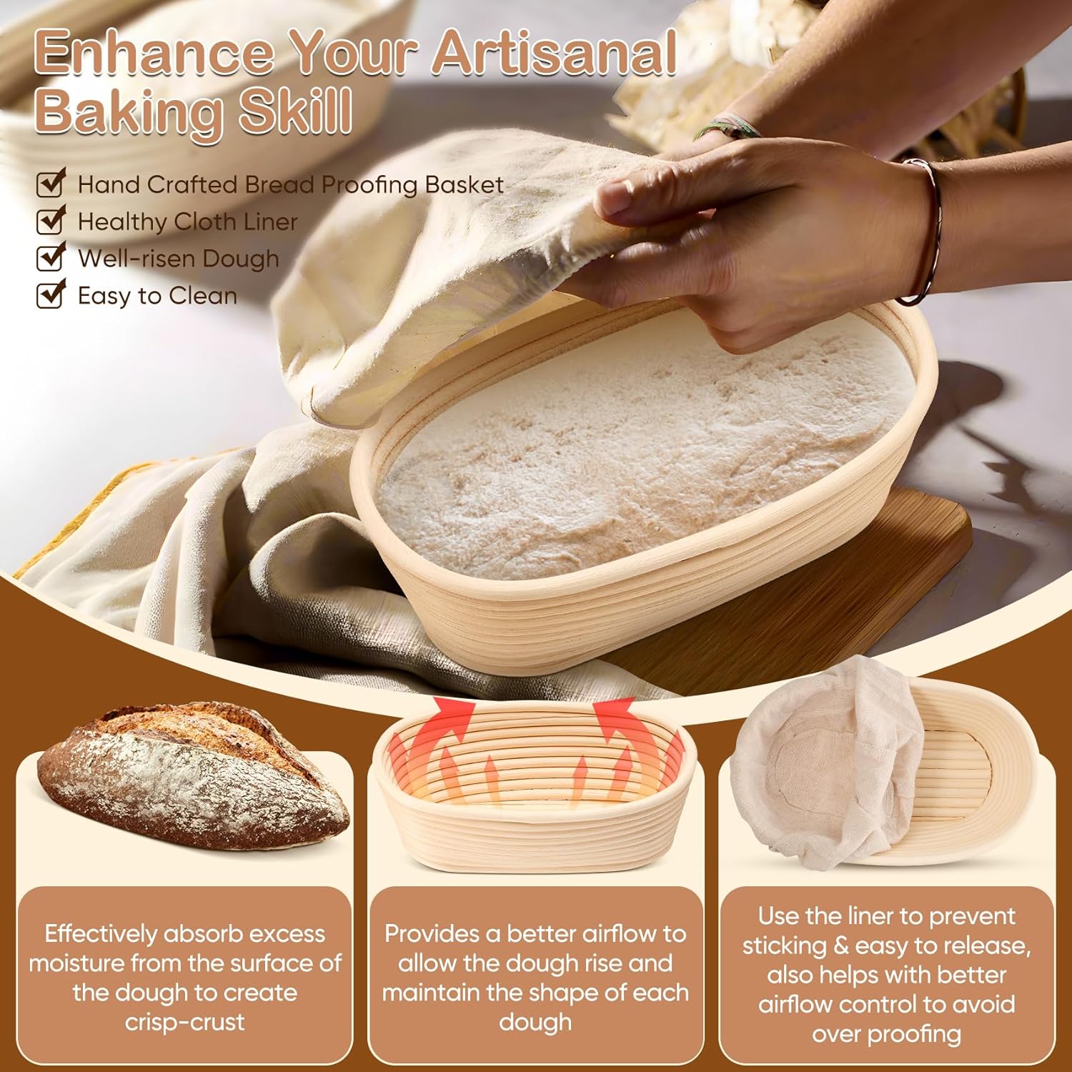 TeamFar Sourdough Bread Proofing Basket Set - 10 Inch Oval Baking Supplies with Liner for Dough Fermentation