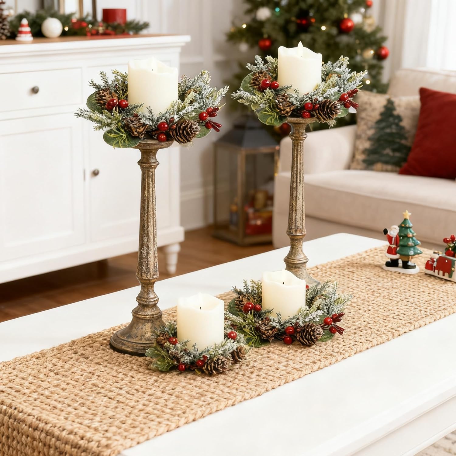 Skiennix Christmas Candle Rings - Mini Wreaths with Snowy Pinecone & Red Berry - Set of 6 (Red)