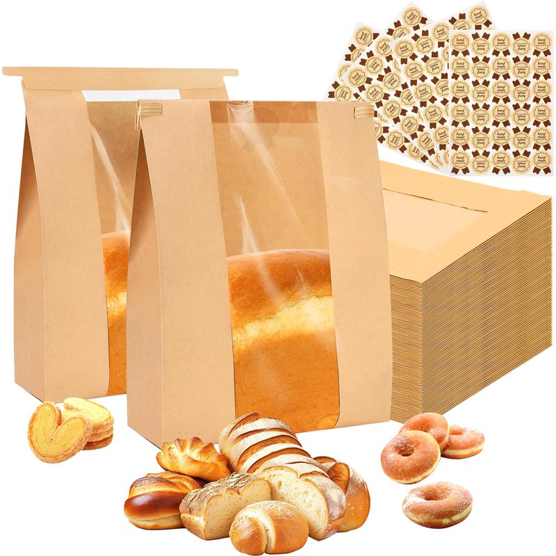 EUVBOKW 120 Pcs Bread Bags for Homemade Bread with Window and120 Sealing Stickers Sourdough Bread Bags for Storage of Bread 13.7x8.3x3.7 Inches Tin Tie Tab Lock Large Bakery Paper Bags