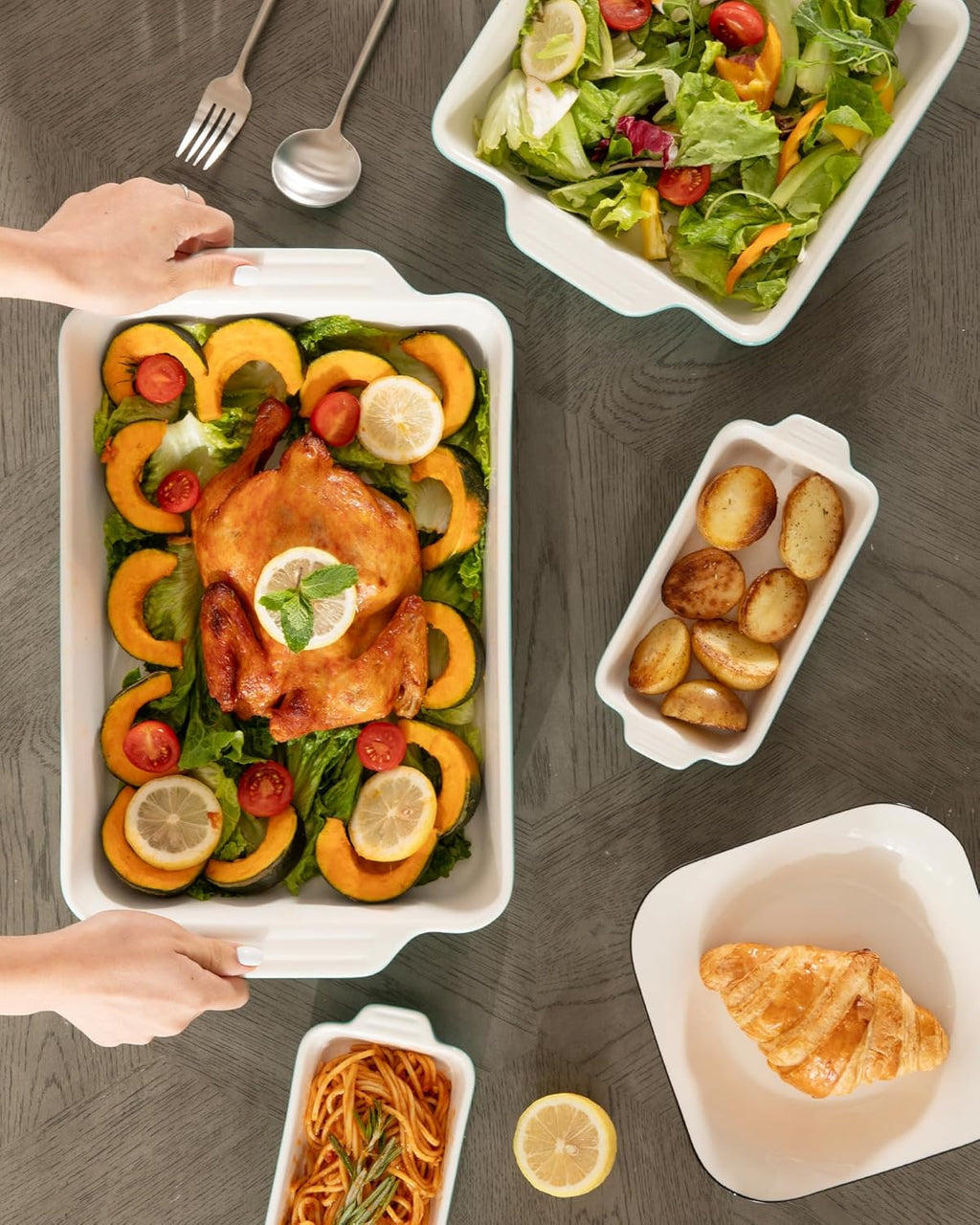 Sweejar Ceramic Bakeware Set - 4 Rectangular Casserole Dishes with Handles for Oven | White Lasagna Pans